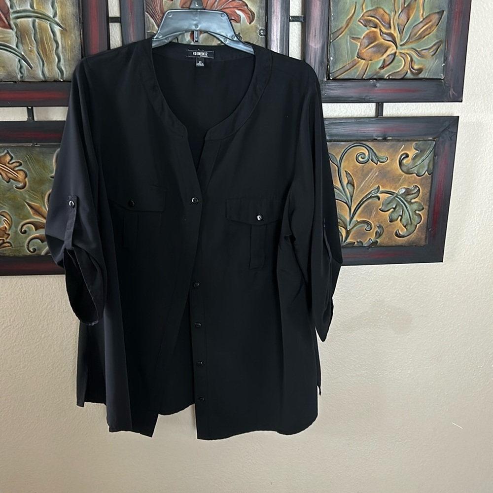 Black polyester button down shirt